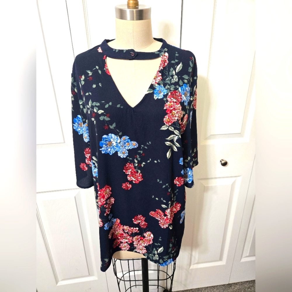 Navy Blue Floral Top With Choker V-Neck, Size Large, New Without Tags